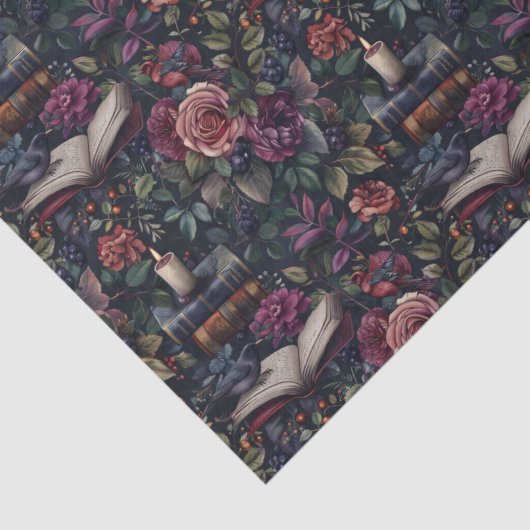 Dark Academia Bloemen, Vogels en Boeken Tissuepapier (Detail)