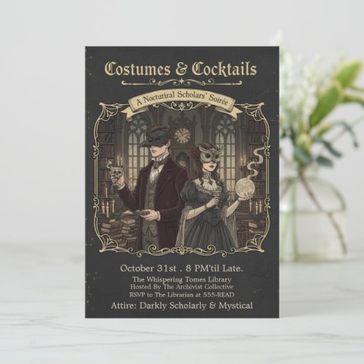 Dark Academia Costumes & Cocktails Halloween Party Kaart (Staand voorkant)