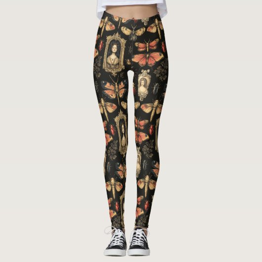 Dark Academia Goth Victorian Gothic Cameo Red Moth Leggings (Voorkant)