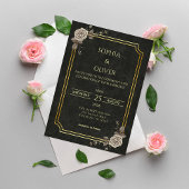 Dark Academia Gothic Black Gold Elegant Wedding Kaart