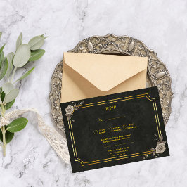 Dark Academia Gothic Black Gold Elegant Wedding RSVP Kaartje