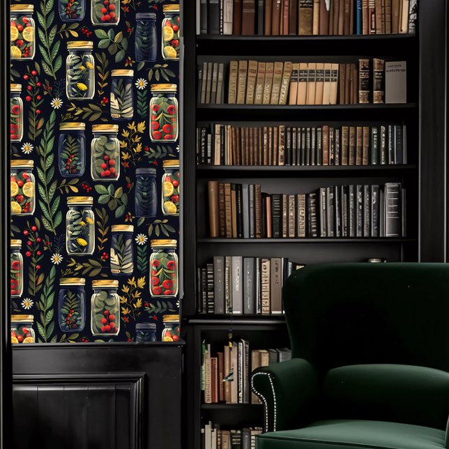 Dark Academia Jarred Planten en Fruit Behang (Dark Academia Jarred Plants and Fruit Wallpaper in a library.)