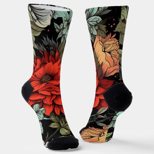Dark Academia Maximalist Red Dahlia Floral Sokken (Gebogen)