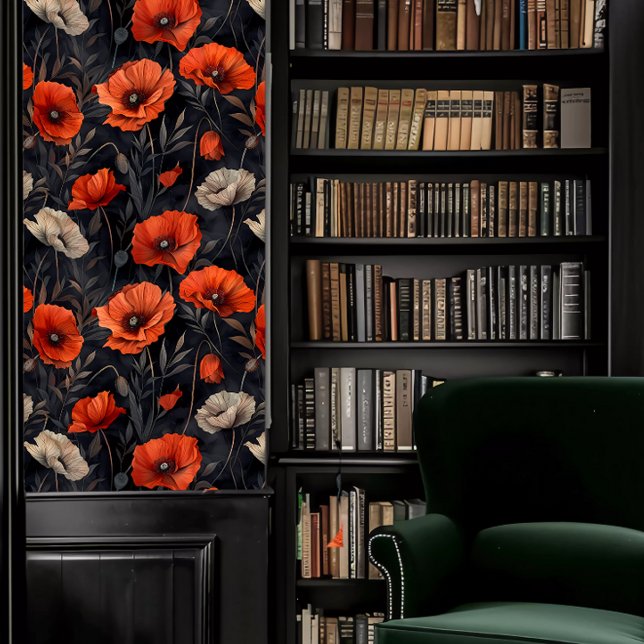 Dark Academia Oranje klaprozen op donkere achtergr Behang (Dark Academia Orange Poppies on Dark Background Wallpaper in a library.)