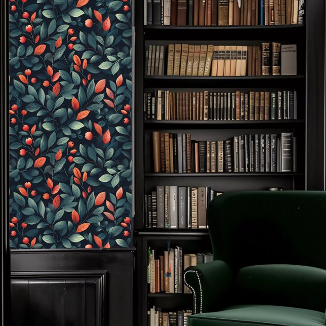 Dark Academia Rood en Blauwgroen Bladgroen Behang (Dark Academia Red and Teal Foliage Wallpaper in a library.)