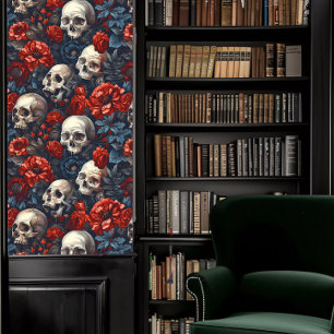 Dark Academia Skulls met Crimson en Blue Flowers Behang