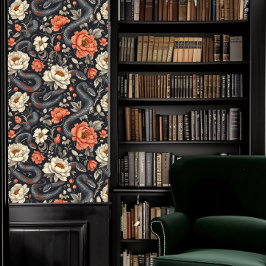 Dark Academia Slangen & Rode en witte bloemen Behang