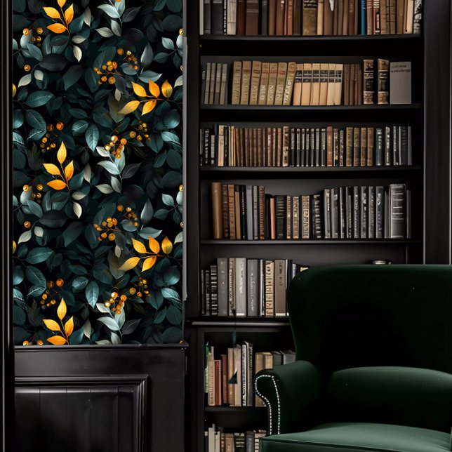 Dark Academia Smaragd en Golfblad Behang (Dark Academia Emerald and Golf Foliage Wallpaper in a library.)