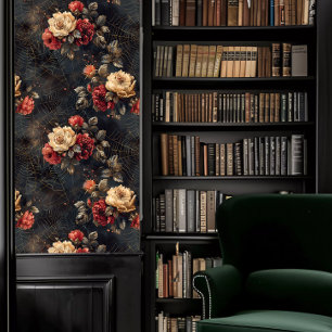 Dark Academia Spider Webs met Rode & Witte Bloemen Behang