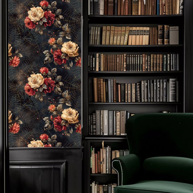 Dark Academia Spider Webs met Rode & Witte Bloemen Behang (Dark Academia Spider Webs with Red & White Flowers Wallpaper in a library.)