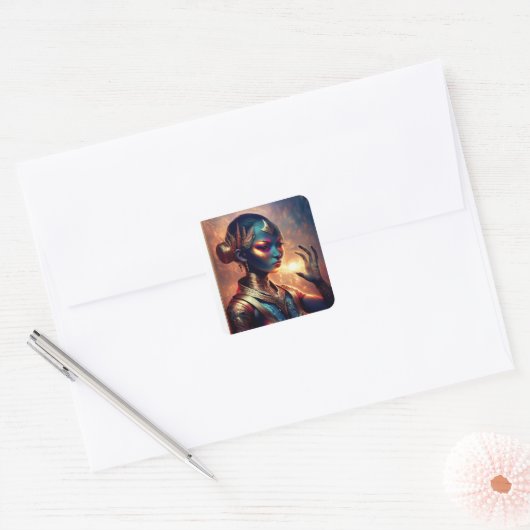 Dark Alien Princess Poses With Fiery Background Vierkante Sticker (Envelop)