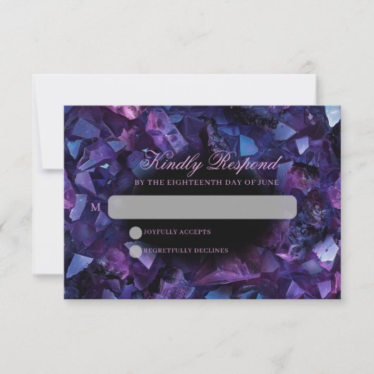 Dark Amethyst Boho Witch Crystals Black Wedding RSVP Kaartje (Voorkant)