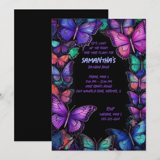 Dark Amethyst Wings verjaardagsuitnodiging Kaart (Voorkant / Achterkant)