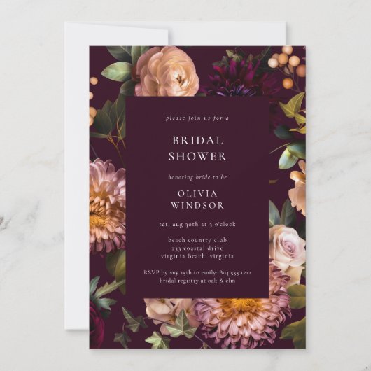 Dark and Moody Burgundy  Floral Bridal Shower  Kaart (Voorkant)