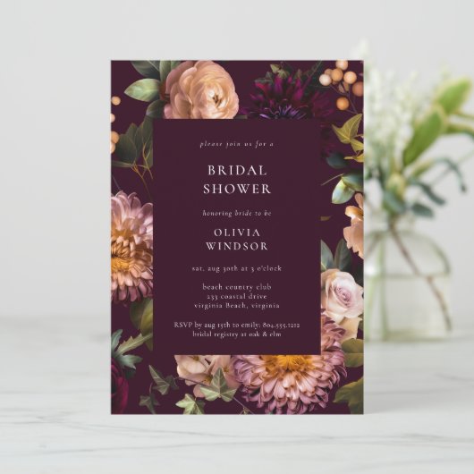 Dark and Moody Burgundy  Floral Bridal Shower  Kaart (Staand voorkant)