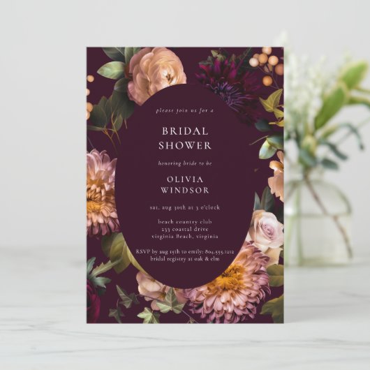 Dark and Moody Burgundy  Floral Bridal Shower  Kaart (Staand voorkant)