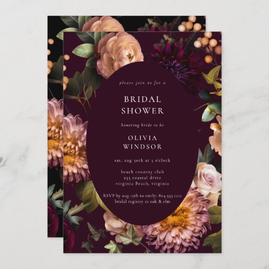 Dark and Moody Burgundy  Floral Bridal Shower  Kaart (Voorkant / Achterkant)