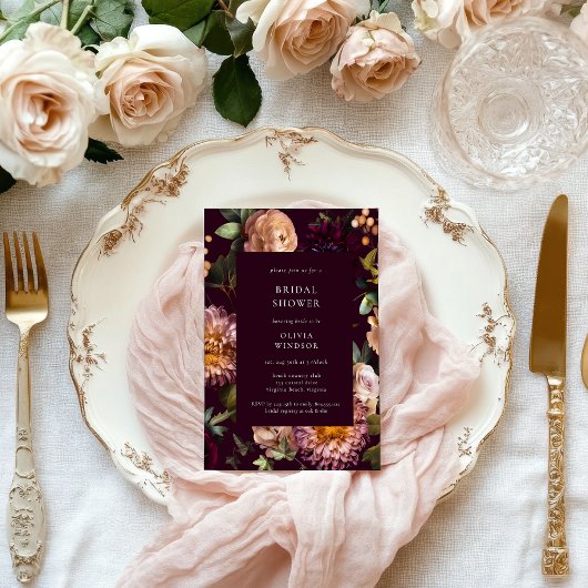 Dark and Moody Burgundy Floral Bridal Shower Kaart