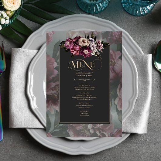 Dark and Moody Floral Menu Kaart