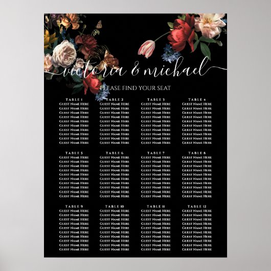 Dark and Moody Rembrandt Floral Seating Chart Poster (Voorkant)
