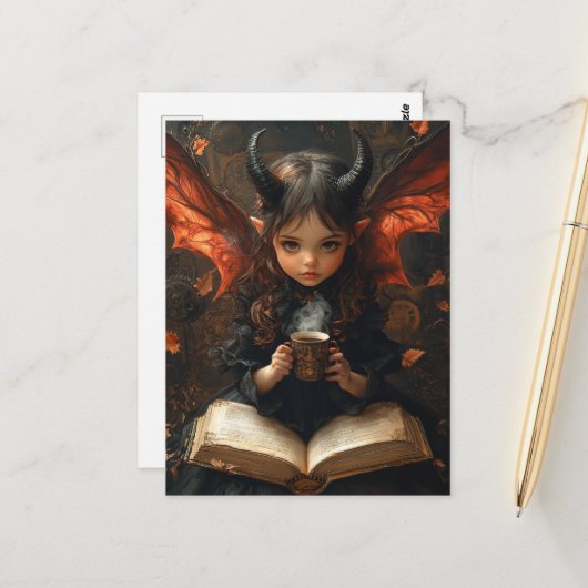 Dark Angel met koffie en een boek Briefkaart (Voorkant / Achterkant in situ)