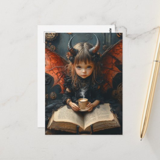 Dark Angel met koffie en een boek Briefkaart (Voorkant / Achterkant in situ)