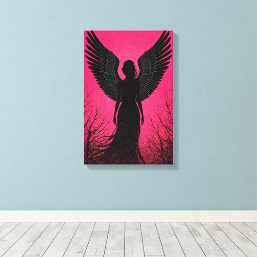 Dark Angel Silhouette Art met Neon Pink Vibes Canvas Afdruk (Insitu (Houten vloer))