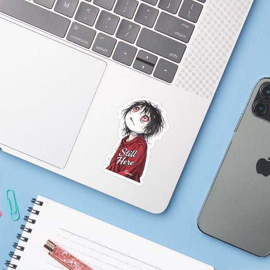 Dark Anime  "Still Here" Aesthetic Gothic Illustra Sticker (Laptop met iPhone)