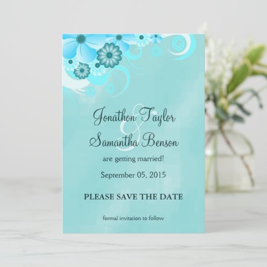Dark Aqua Blue Floral Bewaar de datum aankondiging (Staand voorkant)