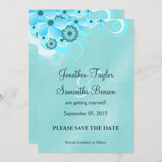 Dark Aqua Blue Floral Bewaar de datum aankondiging (Voorkant / Achterkant)