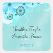Dark Aqua Blue Floral Bewaar de datum Favor Sticke Vierkante Sticker (Voorkant)