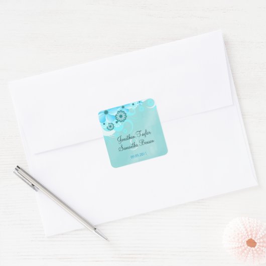 Dark Aqua Blue Floral Bewaar de datum Favor Sticke Vierkante Sticker (Envelop)