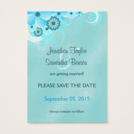 Dark Aqua Blue Floral Wedding Mini bespaart de dat Visitekaartjes (Achterkant)