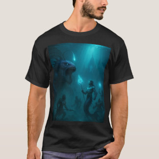 Dark Aquatic Warrior & Sea Beast Fantasy Art T-shirt
