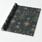 Dark Baroque Gold Ornament Wrapping Paper  Cadeaupapier (Uitgerold)