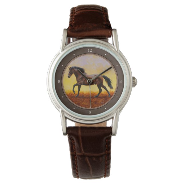 Dark Bay Running Horse Taupe Horloge (Voorkant)