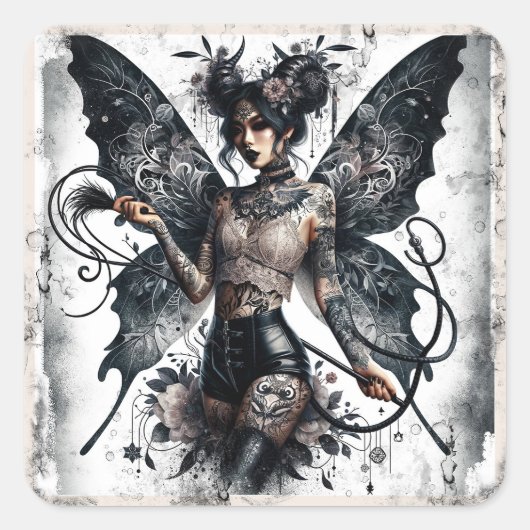 Dark Beauty Gothic Aziatische Fairy Tattoos & Zwee Vierkante Sticker (Voorkant)