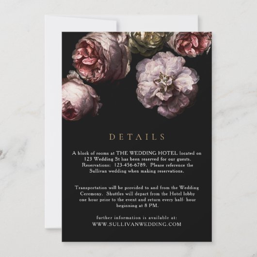 Dark Black Floral Wedding Kaart Details (Voorkant)