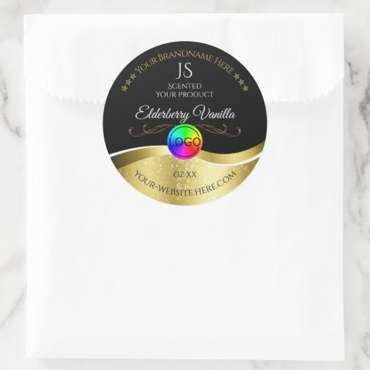 Dark Black Wavy Gold Logo Monogram Productlabel Ronde Sticker (Tas)