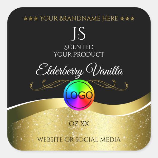 Dark Black Wavy Gold Logo Monogram Productlabel Vierkante Sticker (Voorkant)