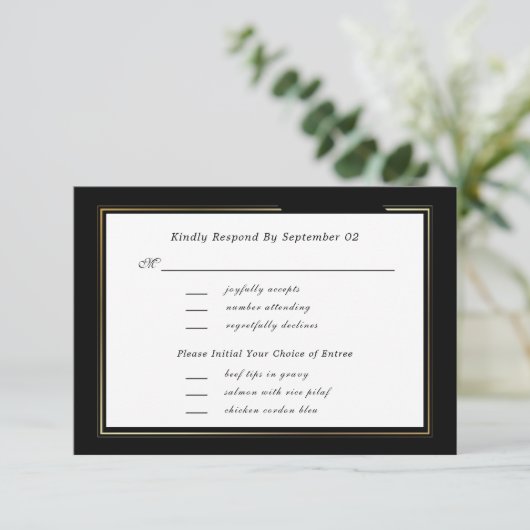 Dark Black White Gold Script Menu Selectie RSVP (Staand voorkant)