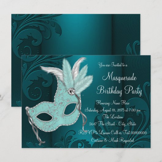 Dark Blauwgroen Blue Mask Masquerade Party Kaart (Voorkant / Achterkant)