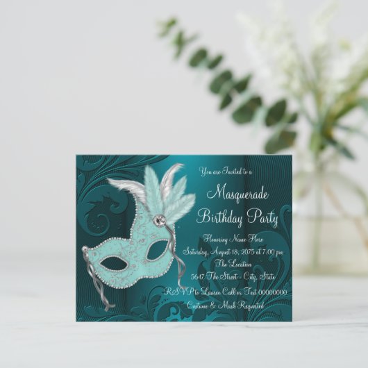Dark Blauwgroen Blue Masquerade Party Kaart (Staand voorkant)