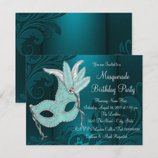 Dark Blauwgroen Blue Masquerade Party Kaart (Voorkant / Achterkant)