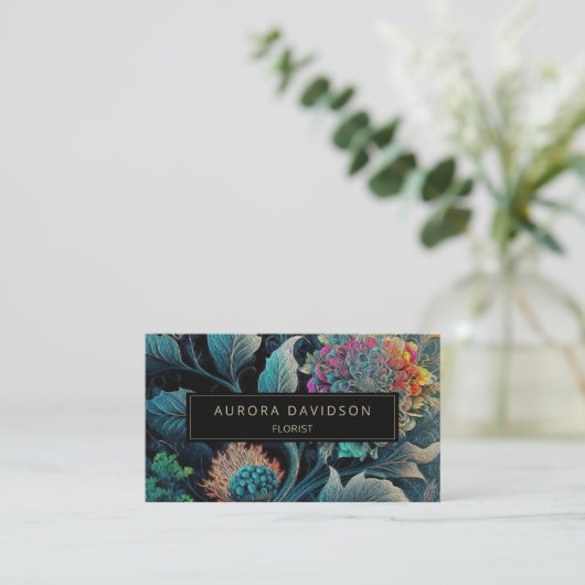 Dark Bloom Waterverf Blauwgroen Floral Leaf Visitekaartje (Staand voorkant)