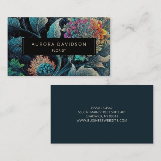 Dark Bloom Waterverf Blauwgroen Floral Leaf Visitekaartje (Voorkant / Achterkant)