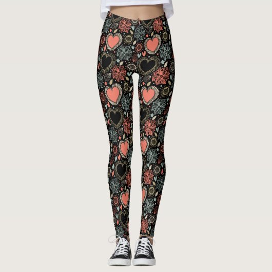 Dark Blooms Delight: Naadloos bloemenpatroon Leggings (Voorkant)