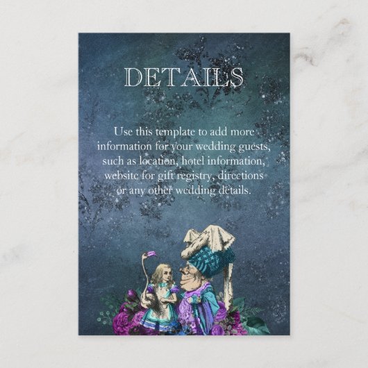 Dark Blue Alice in Wonderland Wedding Details Informatiekaartje (Voorkant)