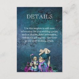 Dark Blue Alice in Wonderland Wedding Details Informatiekaartje