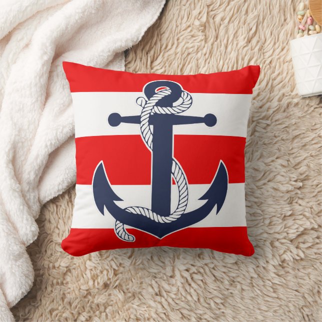 Dark Blue Anchor Chic Nautical Red Stripes Patroon Kussen (Deken)